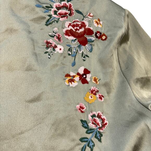 Floral Embroidered Satin Long Line Bomber Jacket Duster Coat Women's S - Picture 5 of 8